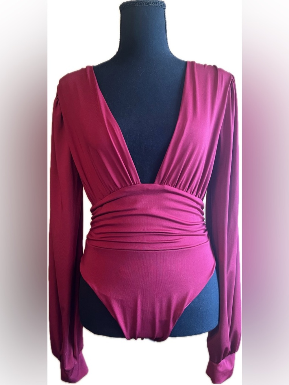 Deep V-Neck Long Sleeve Bodysuit - Burgundy. Women’s size Large.